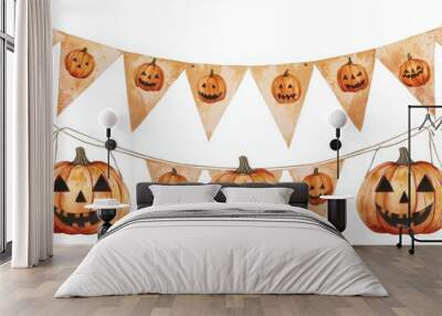 An illustration in watercolor style with Halloween flags and banners, pumpkin, maple leaves, autumn foliage on a white transparent background, in PNG die cut style Wall mural