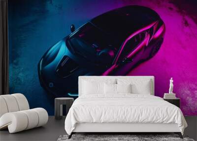 An illustration of a black sports car in a futuristic environment (3D) Wall mural