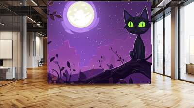 An illustration of a cute black cat with a moon for Halloween, with a watercolor background Wall mural