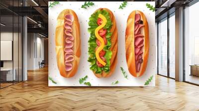 An illustration of submarine sandwiches made of baguette sub bread with lettuce, cheese, ham, fresh tomato, and turkey sticks. Wall mural