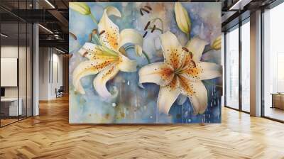 An image of lilies painted on canvas in the style of a dreamy watercolor floral arrangement. Wall mural