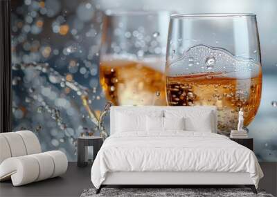 An isolated white background shows champagne glasses with splashes Wall mural