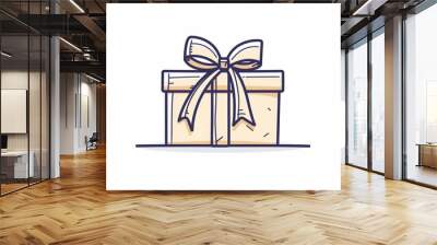 An outline drawing of a present box or gift box with ribbon and bow. This is a continuous one-line drawing that depicts a box with ribbon and bow. Wall mural