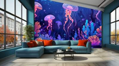 An underwater aquarium with fishes and jellyfish, with natural animals. Illustration of a sea with jellyfish and animals. Wall mural