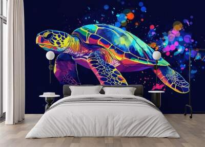 An underwater turtle is illustrated in an ocean setting with geometric blue water. Wall mural