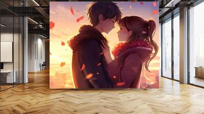 Anime girl and boy, romance, relationship and valentine's day concept. Generative AI Wall mural