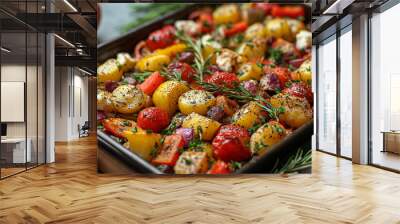 Baked vegetables with feta cheese in a baking dish. Wall mural