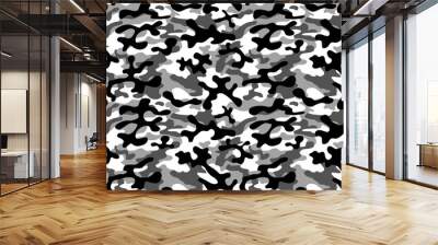 Black and white camouflage repeats seamless. Masking camo. Classic clothing print. Vector monochrome seamless pattern Wall mural