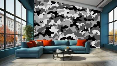 Black and white camouflage repeats seamless. Masking camo. Classic clothing print. Vector monochrome seamless pattern Wall mural