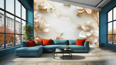 Bright white stucco surrounds a golden bird of paradise flower with golden leaves and buds. Wall mural