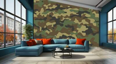 Camouflage seamless pattern. Trendy style camo, repeat print. Vector illustration. Khaki texture, military army green hunting Wall mural