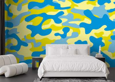 Camouflage seamless pattern. Trendy style camo colors of Ukraine, repeat print. Vector illustration. blue and yellow color texture, military army hunting print Wall mural