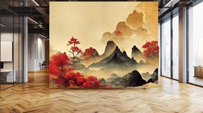 Chinese and Japanese oriental painting with golden texture. Golden wavy background in oriental vintage style. Template design for a wallpaper. 3D render. Raster illustration. Wall mural