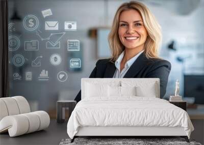 Close-up image of a smiling businesswoman folded arms with a digital business interface and blurry office interior background. Technology and information concept. Wall mural