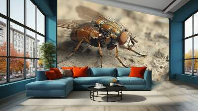 Close-up of a hibernating fly on the windowsill. Wall mural