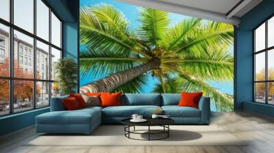 Coconut palm tree against a blue sky background, creating a serene and tropical atmosphere. Banner. Wall mural