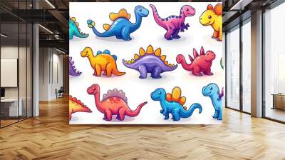 Colorful 90s style dinosaurs seamless pattern set for educational concepts or toys. T-rex, triceratops, pterodactyl animal - big bundle. Wall mural