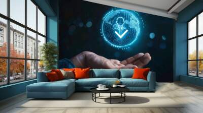 Concept of knowing your customer (KYC). Businessman holds identity verification symbol for increased financial security and access to personal financial data. Biometric security system. Wall mural