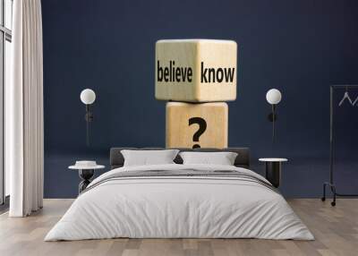 Conflict of knowing or believing. Wooden cubes with words 'believe' and 'know'. Beautiful grey background. Copy space. Concept. Wall mural