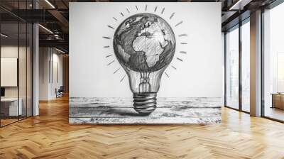 Continually drawing the earth globe inside a light bulb. Monochrome modern illustration isolated on white background. Wall mural