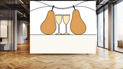 Continually drawing two glasses of red wine. Toasting and cheering with splash in simple linear style. Editable alcohol and cocktail menu. Simple modern drawing. Wall mural