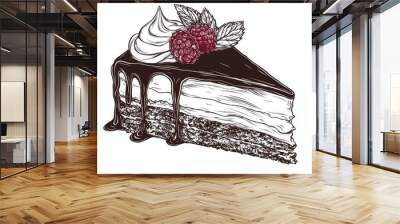 Continually drawn line illustration of a delicious slice of cake or pudding. Modern illustration of sweet desserts. Wall mural