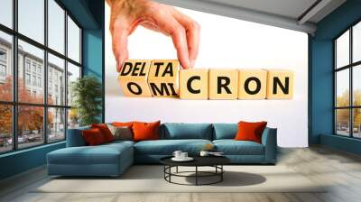 Covid-19 omicron or deltacron symbol. Doctor turns cubes and changes the word omicron to deltacron. Beautiful white background. Medical, covid-19 corona omicron or deltacron concept. Copy space. Wall mural