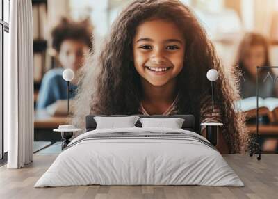 Cute smiling black schoolgirl with book on desk, isolated with white highlights, in classroom, png Wall mural