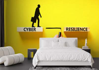 Cyber resilience symbol. Concept word Cyber resilience typed on wooden blocks. Beautiful yellow table yellow background. Businessman hand. Business and cyber resilience concept. Copy space. Wall mural