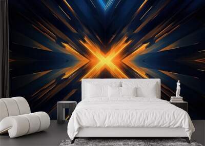 Dark blue neon light with rays of golden abstract night empty scene. The effects of light in the dark. Generative AI Wall mural