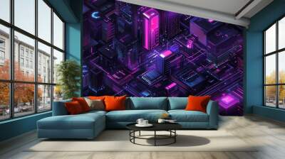 Dark neon isometric modern data center server room concept with data analysis processing, big data computing, information flow, and digital science labs Wall mural