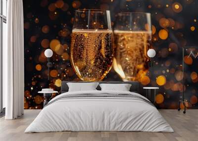 Decorative champagne glasses with gold glitter confetti. Invitation and celebration background. Wall mural