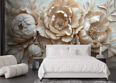 Detailed peony bloom relief using stucco: The petals and leaves are intricately detailed, creating a lifelike 3D effect Wall mural