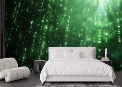 Digital falling lines in green on a background of binary hanging chains in abstract Wall mural