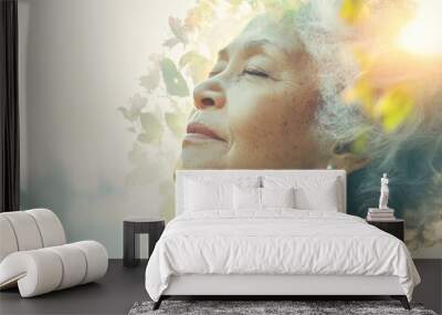 Double exposure illustration concept of a sad elderly black senior alone woman suffering from dementia disorders in the form of alzheimers, generated using generative AI Wall mural