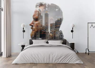 Double Exposure of Mans Face With City Background Wall mural