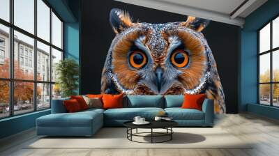 Drawing of a long-eared owl on a black background. Colored graphic design. Digital modern drawing Wall mural