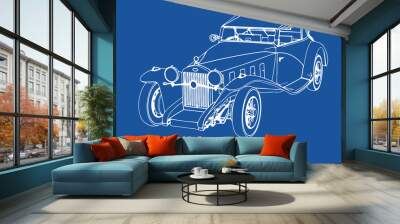 drawing of a retro car on a blue background vector Wall mural