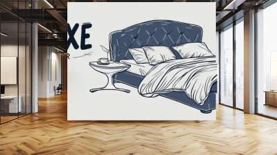 Drawn in one continuous line with a potted plant. Scandinavian style furniture for a cosy sleeping area. Editable strokes. Modern doodle illustration. Wall mural