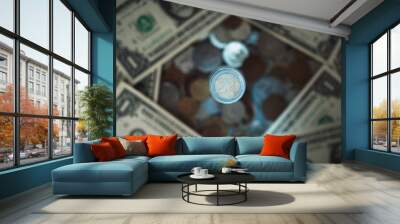 euro coins and dollars among coins and money from different countries Wall mural