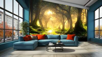 Fairytale forest with magical rays of light through the trees. Fantasy forest landscape. Unreal world. 3D render. Raster illustration. Wall mural