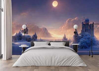 Fantastic landscape on a winter night. Ancient stone castle in the snow. 3D render. Raster illustration. Wall mural