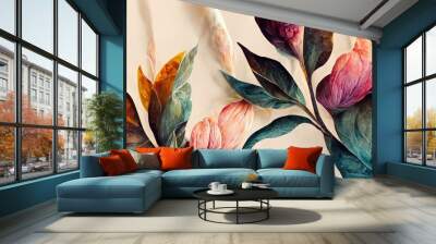 Flowers in a watercolor style. Drawn on a textured background in pastel colors, fit the photo wallpaper into rooms or home interiors. 3D render. Wall mural