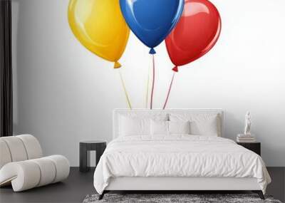 Flying ballon with rope Blue red and yellow ball isolated on transparent background PNG Balloon in cartoon style Bunch of balloons for birthday and party Wall mural