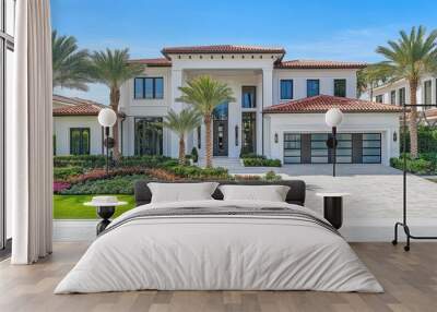 Front garden with tropical plants, grey walls with white details, and a red tiled roof. Wall mural