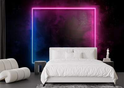 Futuristic showcase for product presentations. Abstract geometric background with neon square frame glowing with gradient lighting in the dark. Wall mural