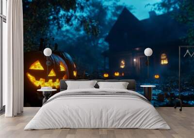 Ghostly haunted house with a glowing Jack-o'-lantern in a foggy forest Wall mural