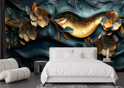 Gold art mural wallpaper with dark blue and green colors and shiny golden light textures. Black and gold background. Modern illustration. Wall mural