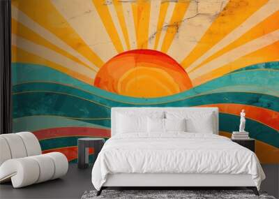 Golden sunrise over calm ocean waves. Bright and colorful illustration for a peaceful morning mood Wall mural