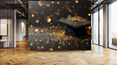 Graduation background with graduate cap, black and gold color, glitter dots on a white golden line striped background. Hat thrown up. Modern illustration. Wall mural